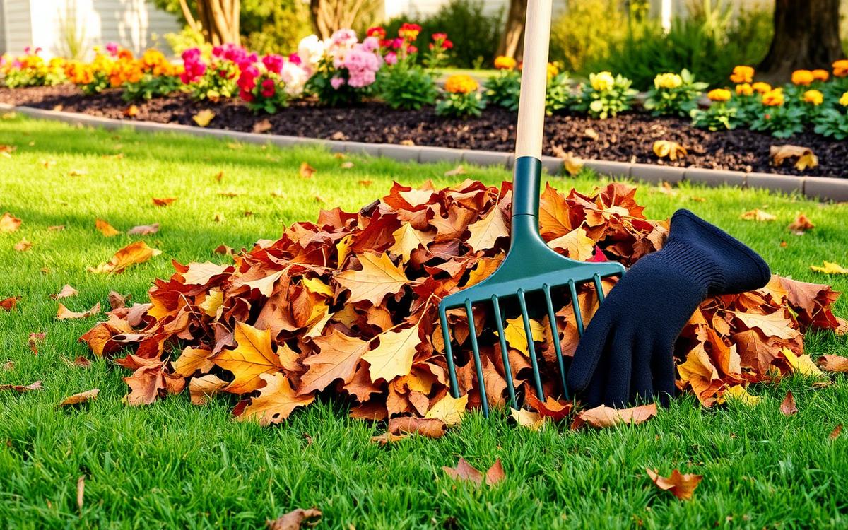 A rake clearing autumn leaves from a green lawn