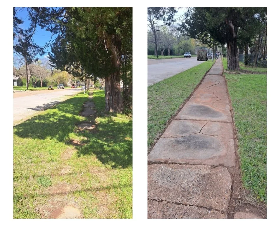 Before and after professional lawn edging along a sidewalk