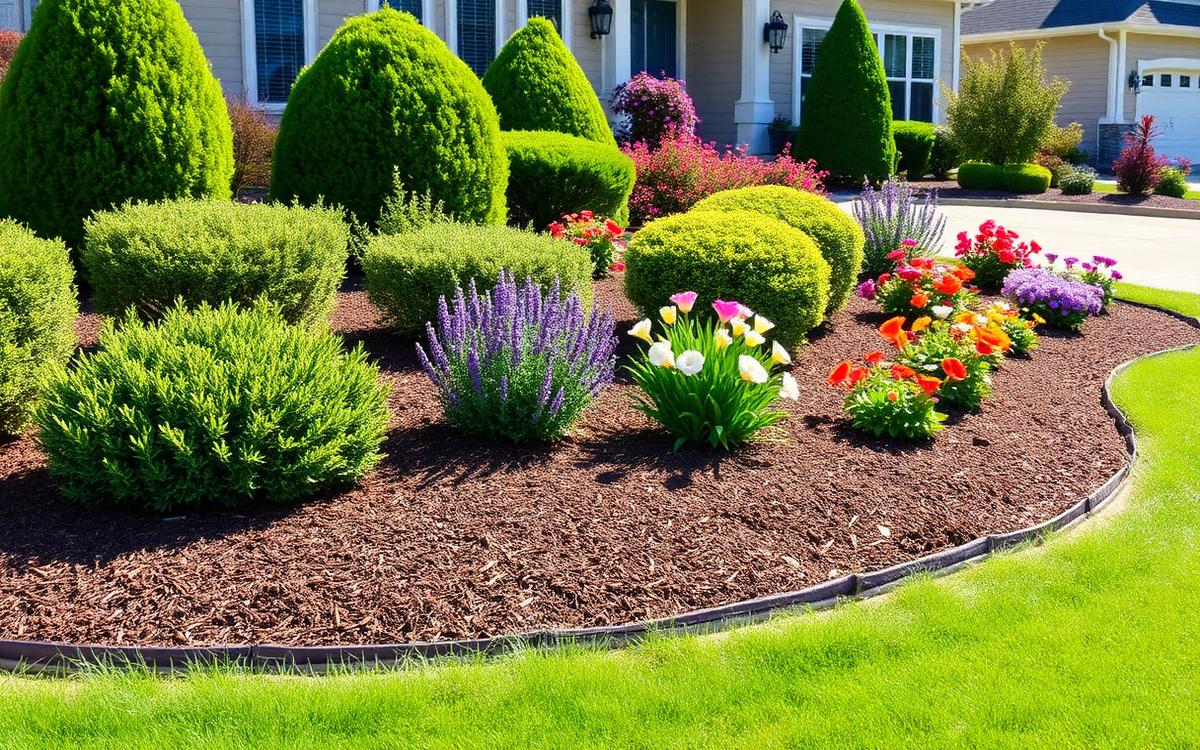 A well-maintained landscaped garden with mulch and shrubs